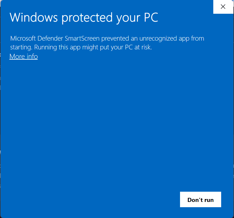 The Windows SmartScreen dialog reading "Windows protected your PC — Microsoft Defender SmartScreen prevented an unrecognized app from starting."